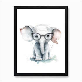 Smart Baby Elephant Wearing Glasses Watercolour Illustration 1 Art Print