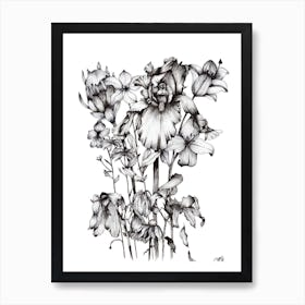 Black and White Protea and Iris Bouquet Art Print