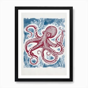 Hand Printed Style Red & Navy Octopus 1 Art Print