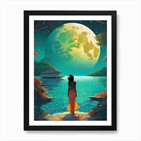 Maldives Girl ~ Tropical Island Full Moon Travel Adventure Visionary Wall Decor Futuristic Sci-Fi Trippy Surrealism Modern Digital Mandala Awakening Fractals Spiritual Artwork Psychedelic Colorful Cubic   Art Print
