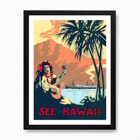 See Hawaii, Hula Girl on the Coast, Vintage Travel Poster Art Print