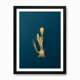 Vintage Spring Crocus Botanical in Gold on Teal Blue n.0076 Art Print