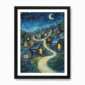 Village At Night With Stars and Moon In The Sky 11 Art Print