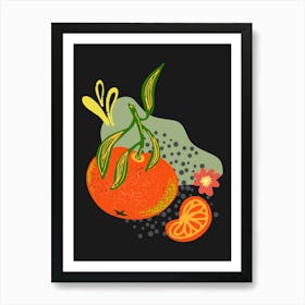 Poster with texture tangerine on a branch with leaves and abstract color spots 1 Art Print