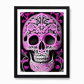 Skull With Mandala Patterns 1 Pink Linocut Art Print