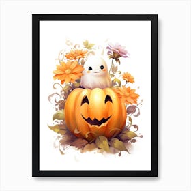 Cute Ghost With Pumpkins Halloween Watercolour 38 Art Print