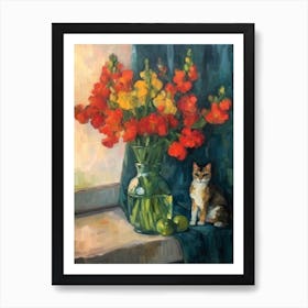 Flower Vase Snapdragons With A Cat 4 Impressionism, Cezanne Style Art Print