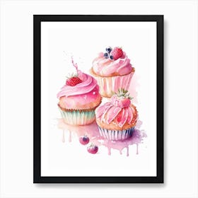 Strawberry Cupcakes, Dessert, Food Pastel Watercolour Art Print