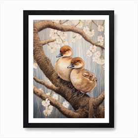 Ducklings Resting On A Tree Branch Japanese Woodblock Style 4 Art Print