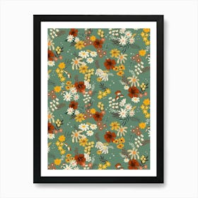 Boho Scattered Mixed Flower Bouquets on Sage Green Art Print