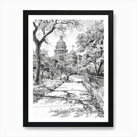 The Texas State Capitol Austin Texas Black And White Drawing 1 Art Print