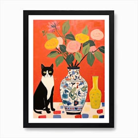 Rose Flower Vase And A Cat, A Painting In The Style Of Matisse 0 Art Print