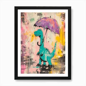 Dinosaur In The Rain Holding An Umbrella Teal Purple 2 Art Print