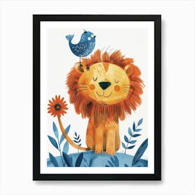 Small Joyful Lion With A Bird On Its Head 21 Art Print