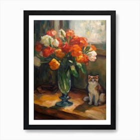 Flower Vase Lisianthus With A Cat 4 Impressionism, Cezanne Style Art Print