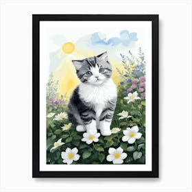 Cute Kitten And Flowers Watercolor 3 Art Print