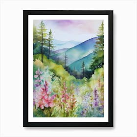 Smoky Mountains Painting, Spring Flowers, Watercolor Art, Appalachian Mountain Landscape Wall Art, Mountain Forest Print..187 Art Print