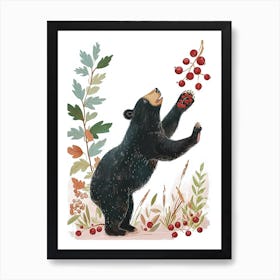 American Black Bear Standing And Reaching For Berries Storybook Illustration 1 Art Print