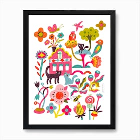 Playful Cats Garden Seventies Art Print