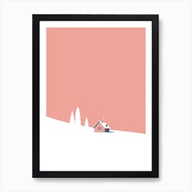 Snowy mountain hut in pink Art Print