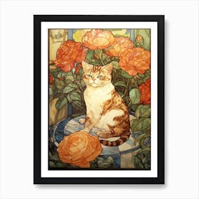 Ranunculus With A Cat 4 Art Nouveau Style Art Print