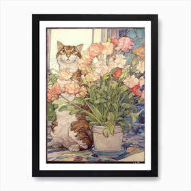 Snapdragon With A Cat 1 Art Nouveau Style Art Print