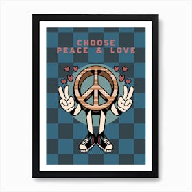 Checkerboard Art Print - "Choose Peace and Love" - Skater Kids for World Peace - Vintage Retro Style Rad Cartoon Character Artwork Art Print