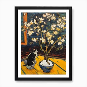 Still Life Of Magnolia With A Cat 1 Art Print