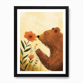 Brown Bear Sniffing A Flower Storybook Illustration 4 Art Print