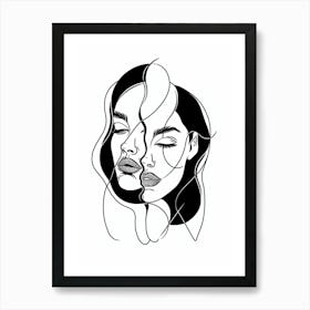 Two Women'S Faces Minimalist Line Art Monoline Illustration Art Print