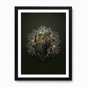 Vintage Black Grape Fruit Wreath on Olive Green Art Print