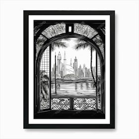 Window View Of Dubai United Arab Emirates   Black And White Colouring Pages Line Art 2 Art Print