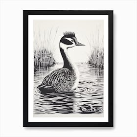 B&W Bird Linocut Grebe 2 Art Print