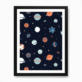 Scattered Planets, Stars, and Galaxies Multicolor on Black Art Print