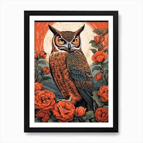 Vintage Bird Linocut Great Horned Owl 2 Art Print