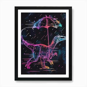Neon Dinosaur With Umbrella In The Rain 2 Art Print