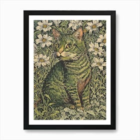 Green Cat In Daisies Art Print