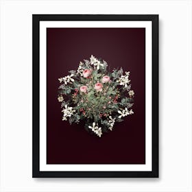 Vintage Burgundian Rose Flower Wreath on Wine Red n.0052 Art Print