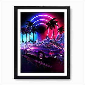 Neon landscape: Synthwave palms & car, outrun [synthwave/vaporwave/cyberpunk] — aesthetic retrowave neon poster Art Print