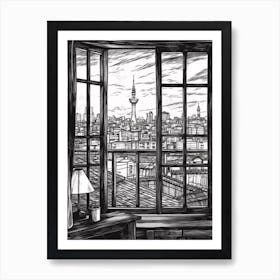 A Window View Of Tokyo In The Style Of Black And White  Line Art 4 Art Print