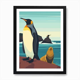 King Penguin Sea Lion Island Minimalist Illustration 1 Art Print