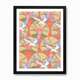 Retro Crane Birds Art Print