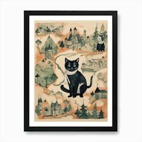 Black Cats With White Scarves & Medieval Forest  Art Print