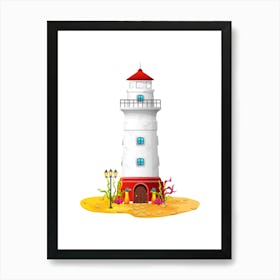 Sea lighthouse. Beach lighthouse. Summer season. Art Print