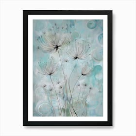 Nature's Ballet: Dandelion Seeds Dancing in a Soft Blue Light Art Print