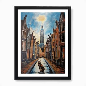 Painting Of Amsterdam With A Cat In The Style Of Surrealism, Dali Style 4 Art Print