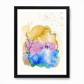 Watercolor Background With Flowers And Leaves Art Print