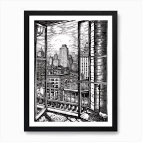 A Window View Of New York In The Style Of Black And White  Line Art 2 Art Print