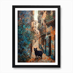 Painting Of Barcelona With A Cat In The Style Of William Morris 4 Art Print