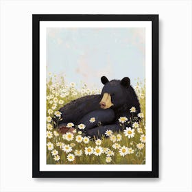 American Black Bear Resting In A Field Of Daisies Storybook Illustration 1 Art Print